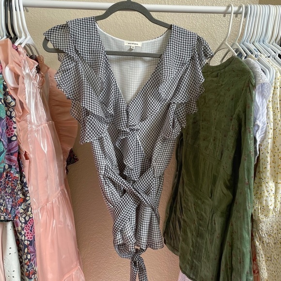 Max Studio Wrap Ruffle V neck checkered blouse - Picture 3 of 4
